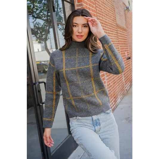 Plaid Turtleneck Sweater CHARCOAL YELLOW Sweater