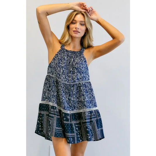 PRINTED HALTER NECK MINI DRESS Navy Dress