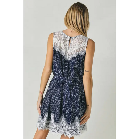 PRINTED ROUND NECK SLEEVELESS LACE TRIM MINI DRESS Dress