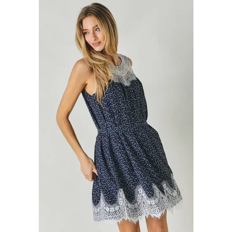 PRINTED ROUND NECK SLEEVELESS LACE TRIM MINI DRESS Dress