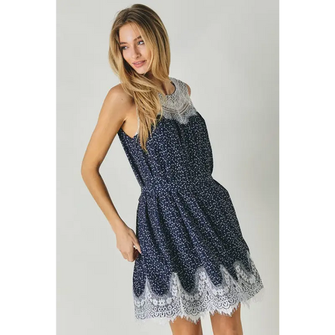 PRINTED ROUND NECK SLEEVELESS LACE TRIM MINI DRESS Dress