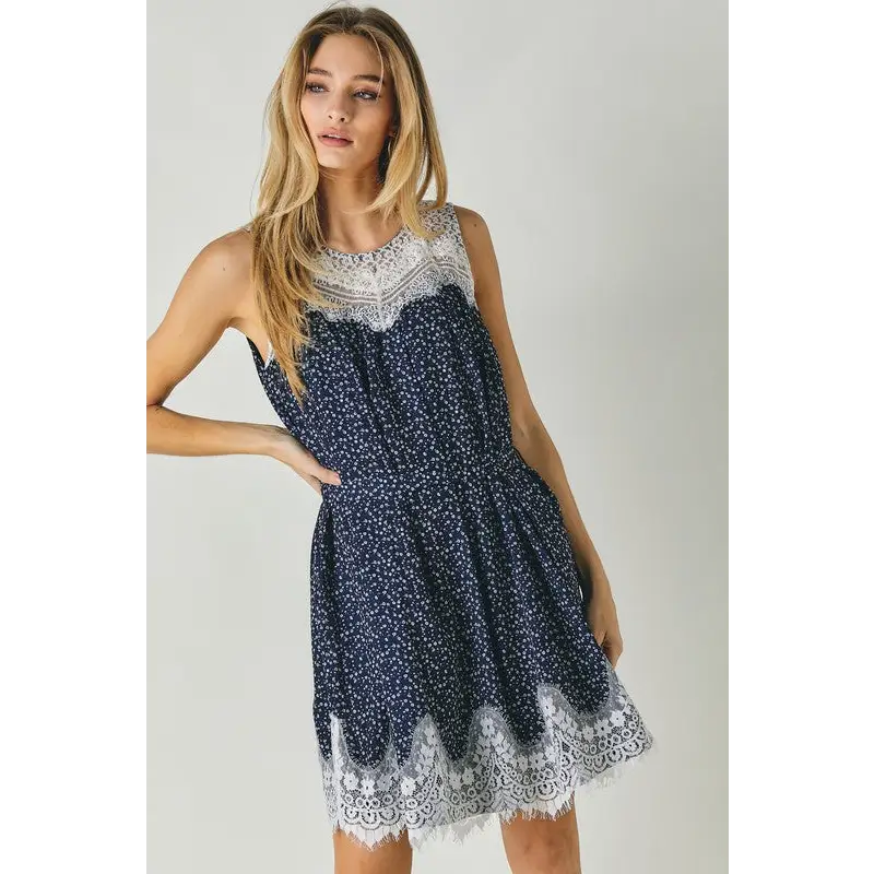 PRINTED ROUND NECK SLEEVELESS LACE TRIM MINI DRESS Dress