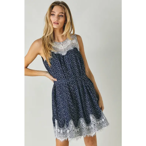 PRINTED ROUND NECK SLEEVELESS LACE TRIM MINI DRESS Dress