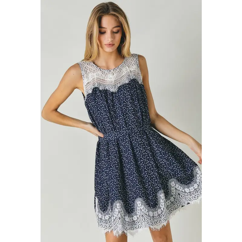 PRINTED ROUND NECK SLEEVELESS LACE TRIM MINI DRESS Dress