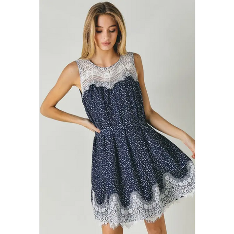 PRINTED ROUND NECK SLEEVELESS LACE TRIM MINI DRESS Dress