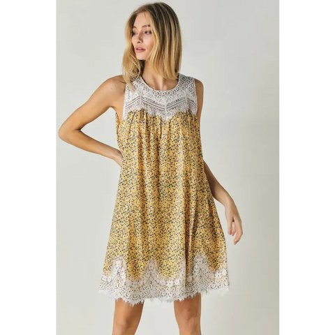 PRINTED ROUND NECK SLEEVELESS LACE TRIM MINI DRESS Dress