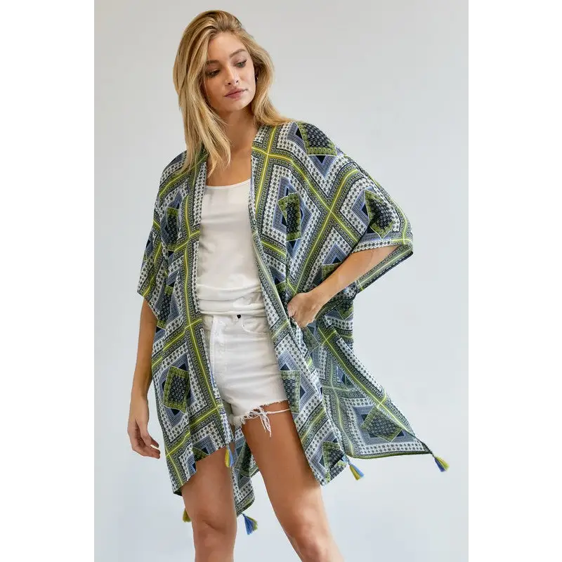 PRINTED SHORT SLEEVE LOOSE KIMONO LIME NAVY