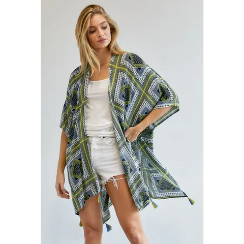 PRINTED SHORT SLEEVE LOOSE KIMONO LIME NAVY