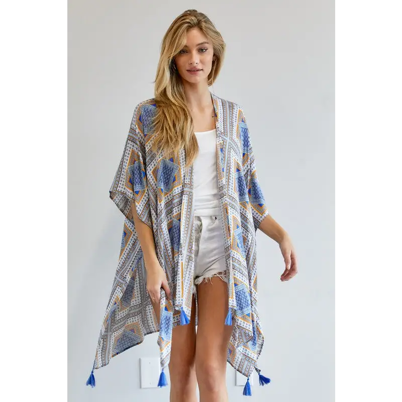 PRINTED SHORT SLEEVE LOOSE KIMONO ORANGE BLUE