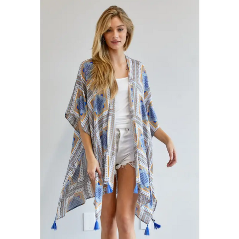 PRINTED SHORT SLEEVE LOOSE KIMONO ORANGE BLUE