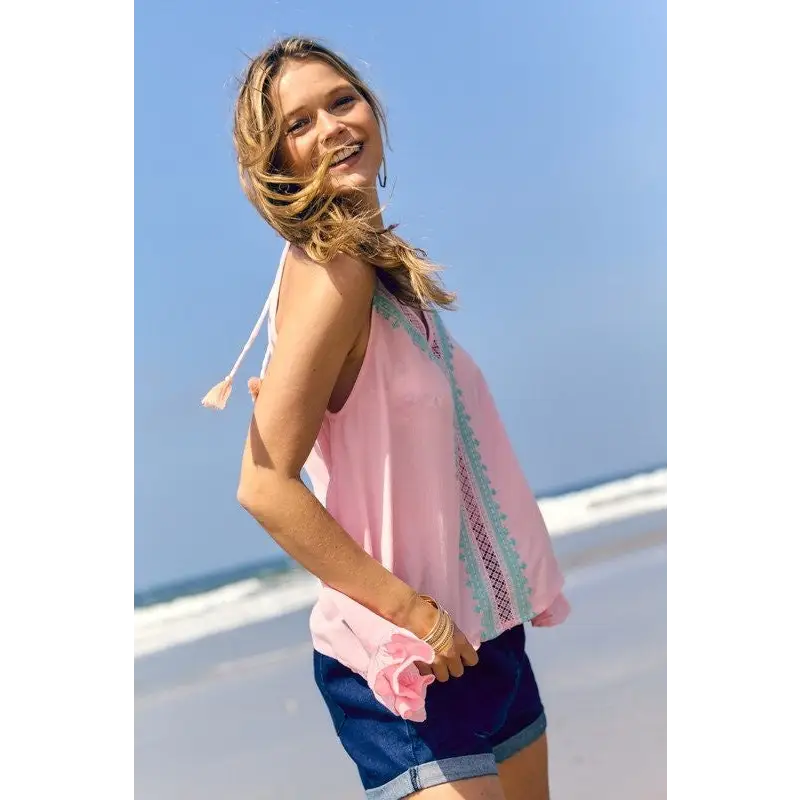 PRINTED SLEEVELESS RUFFLE TANK TOP Tops