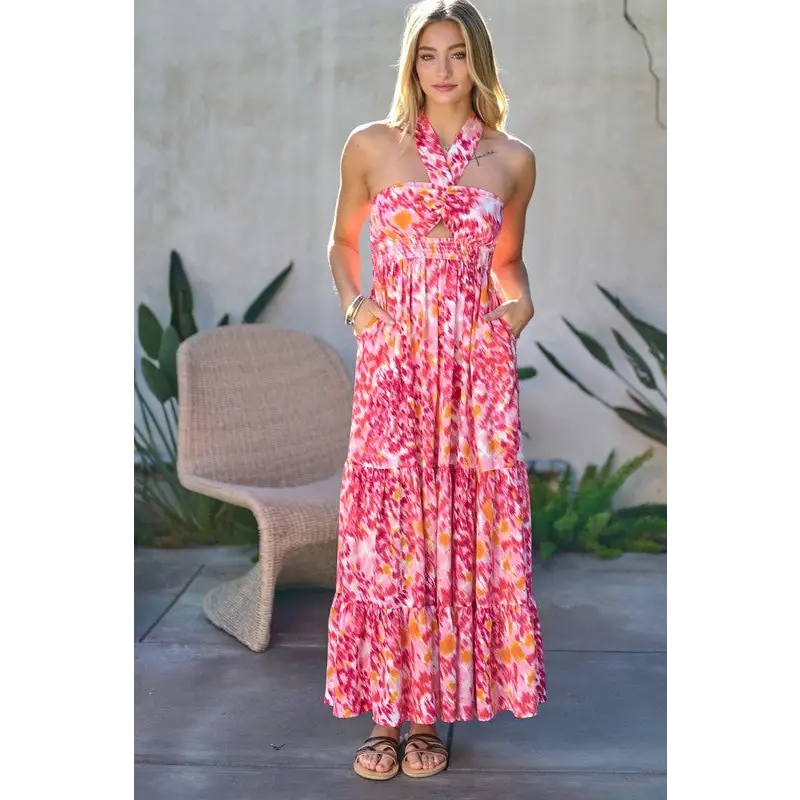 PRINTED SMOCKED RUFFLE MAXI DRESS Dress