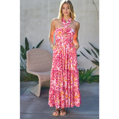 PRINTED SMOCKED RUFFLE MAXI DRESS Dress