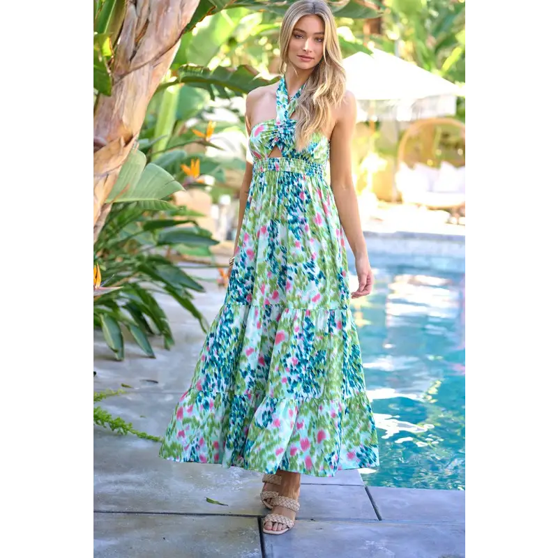 PRINTED SMOCKED RUFFLE MAXI DRESS Dress