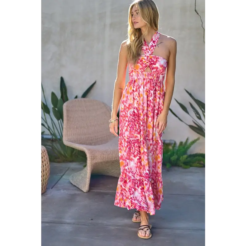 PRINTED SMOCKED RUFFLE MAXI DRESS Dress