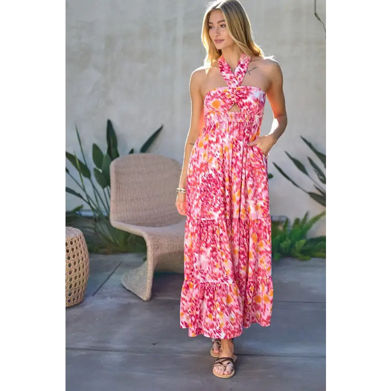 PRINTED SMOCKED RUFFLE MAXI DRESS Dress