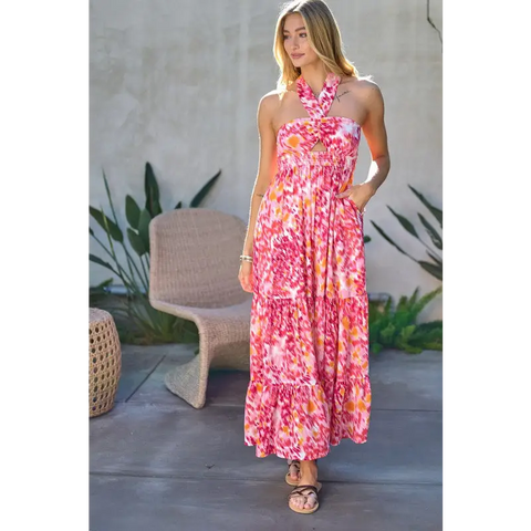 PRINTED SMOCKED RUFFLE MAXI DRESS Dress