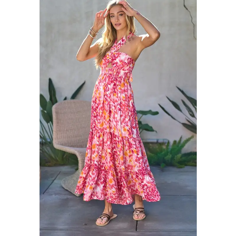 PRINTED SMOCKED RUFFLE MAXI DRESS Dress