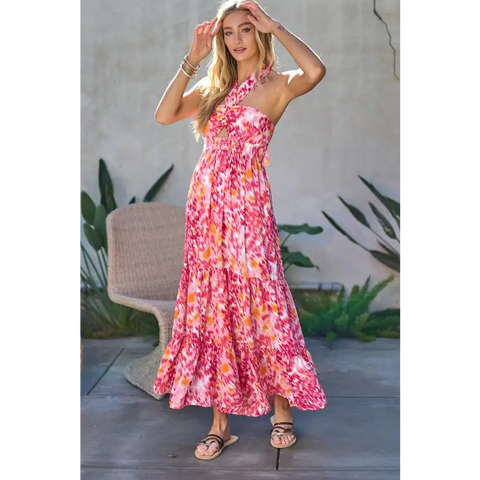 PRINTED SMOCKED RUFFLE MAXI DRESS Dress