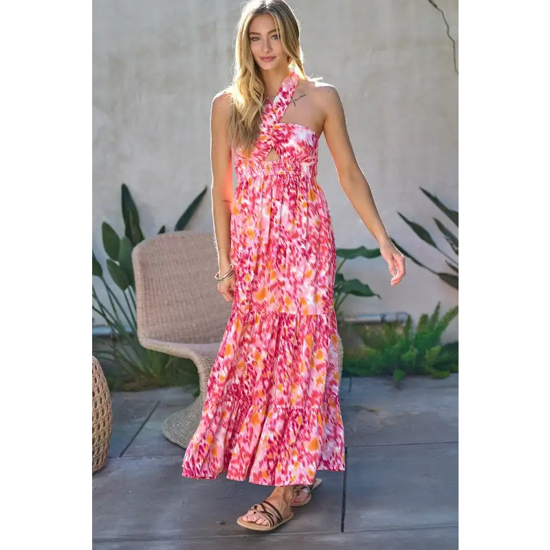 PRINTED SMOCKED RUFFLE MAXI DRESS Dress