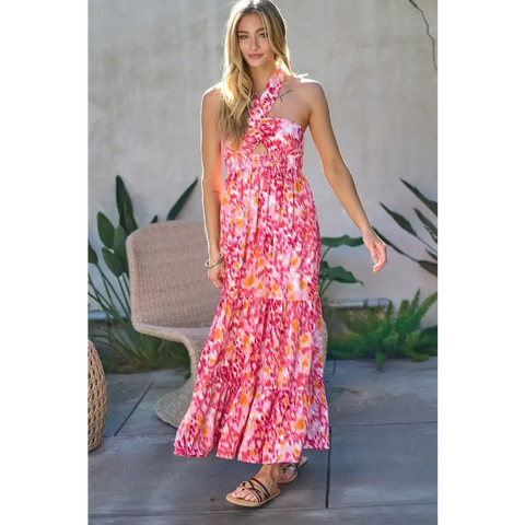 PRINTED SMOCKED RUFFLE MAXI DRESS Dress