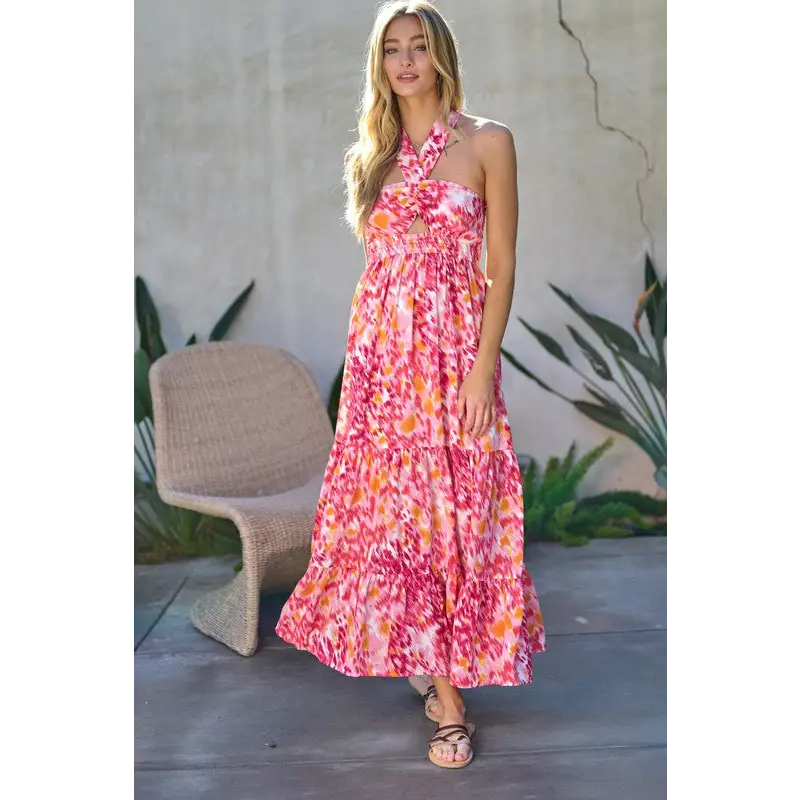 PRINTED SMOCKED RUFFLE MAXI DRESS Dress