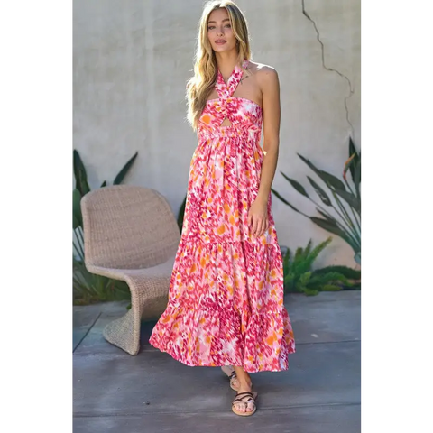 PRINTED SMOCKED RUFFLE MAXI DRESS Dress