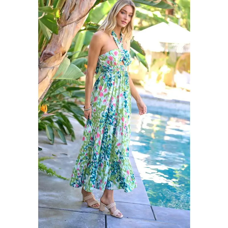 PRINTED SMOCKED RUFFLE MAXI DRESS Dress