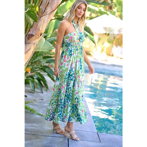 PRINTED SMOCKED RUFFLE MAXI DRESS Dress