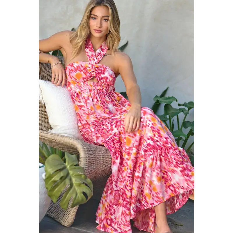 PRINTED SMOCKED RUFFLE MAXI DRESS Dress