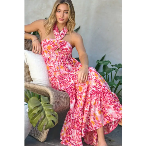 PRINTED SMOCKED RUFFLE MAXI DRESS Dress