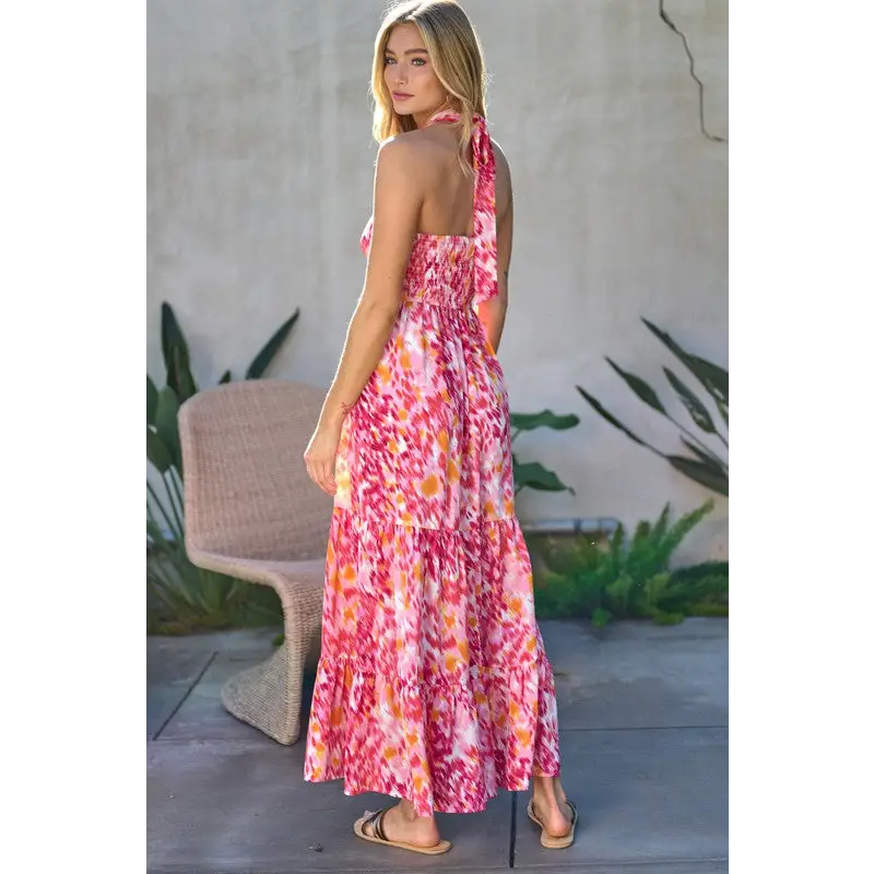 PRINTED SMOCKED RUFFLE MAXI DRESS Dress