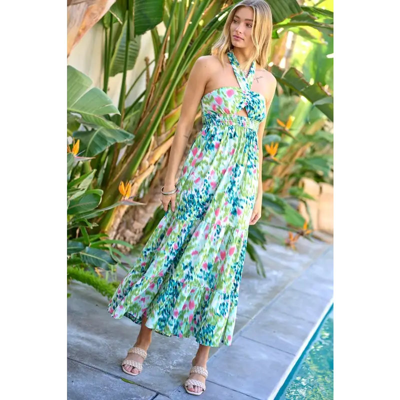 PRINTED SMOCKED RUFFLE MAXI DRESS Green Dress