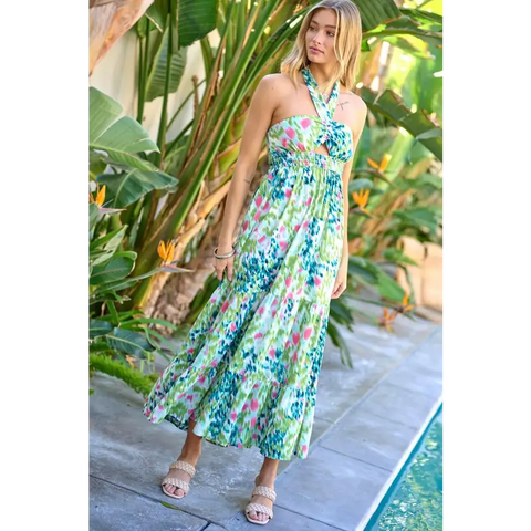 PRINTED SMOCKED RUFFLE MAXI DRESS Green Dress