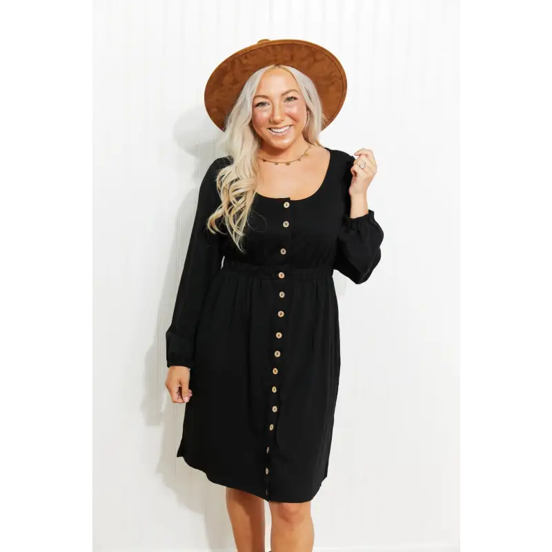 Scoop Neck Empire Waist Long Sleeve Mini Dress Black Dress