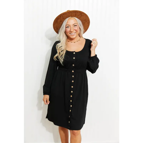 Scoop Neck Empire Waist Long Sleeve Mini Dress Black Dress