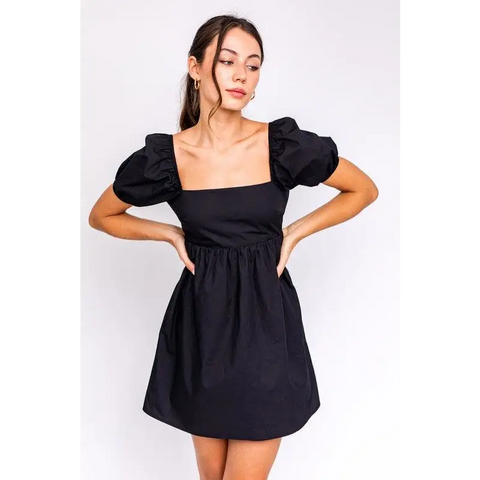 SHORT SLEEVE BACK TIE DETAIL BABYDOLL DRESS BLACK Dress