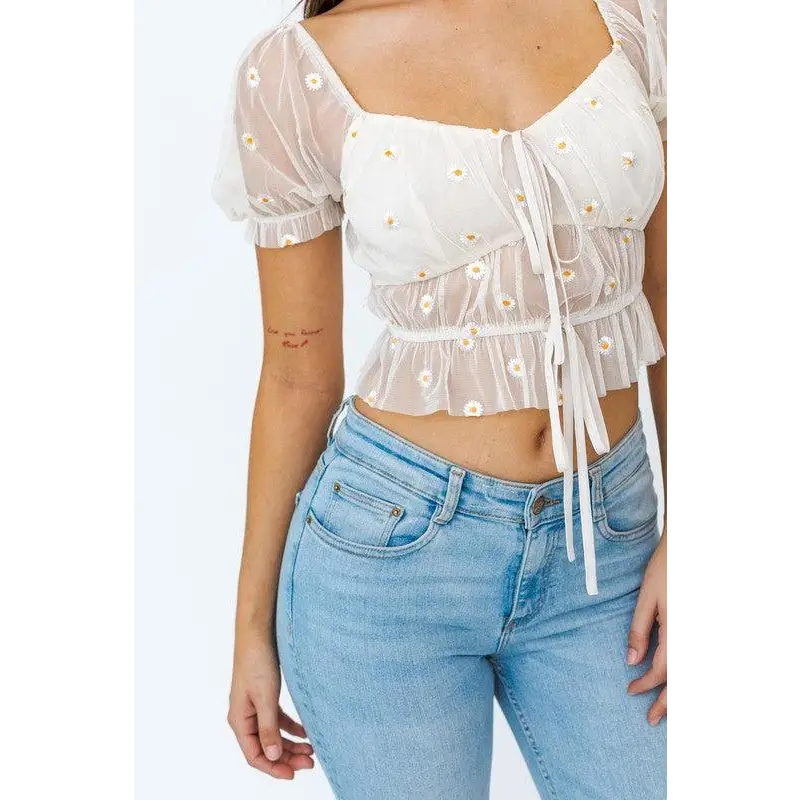 SHORT SLEEVE RUCHED EMBROIDERY CROP TOP Tops