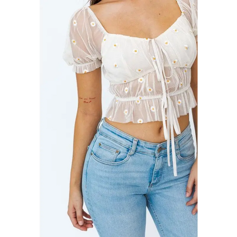 SHORT SLEEVE RUCHED EMBROIDERY CROP TOP Tops