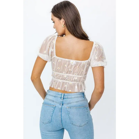 SHORT SLEEVE RUCHED EMBROIDERY CROP TOP Tops