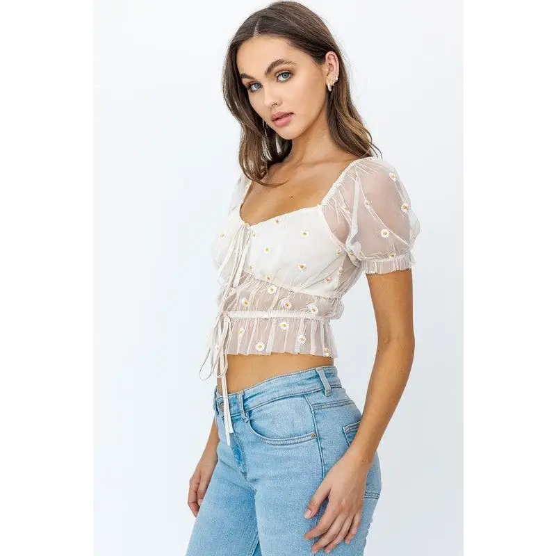 SHORT SLEEVE RUCHED EMBROIDERY CROP TOP Tops