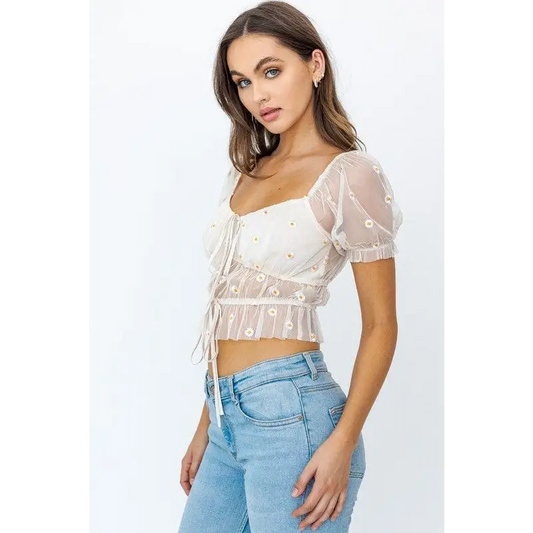 SHORT SLEEVE RUCHED EMBROIDERY CROP TOP Tops