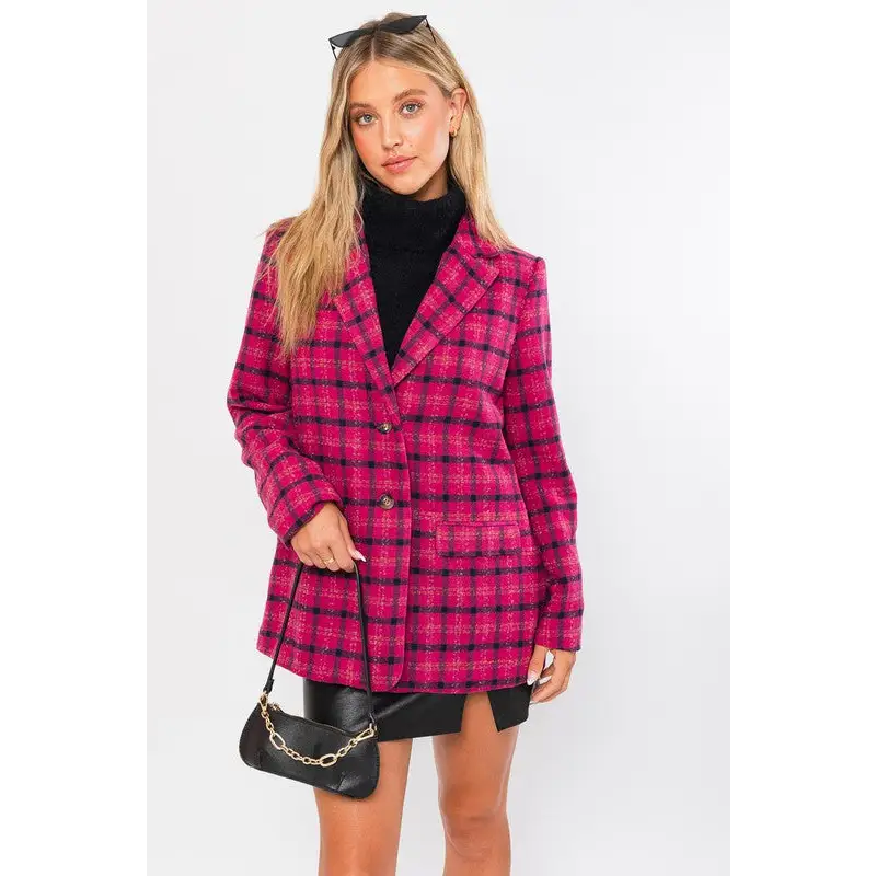 Single Button Plaid Blazer FUCHSIA PLAID Blazer