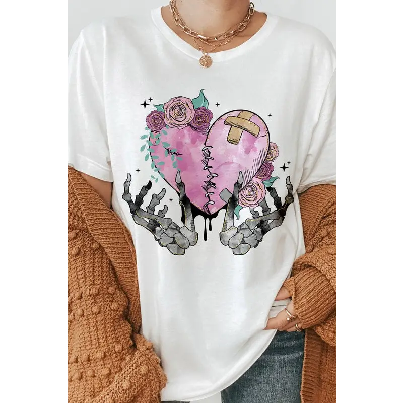 Skeleton Hands hearts Graphic Tee White Graphic Tee