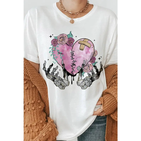 Skeleton Hands hearts Graphic Tee White Graphic Tee