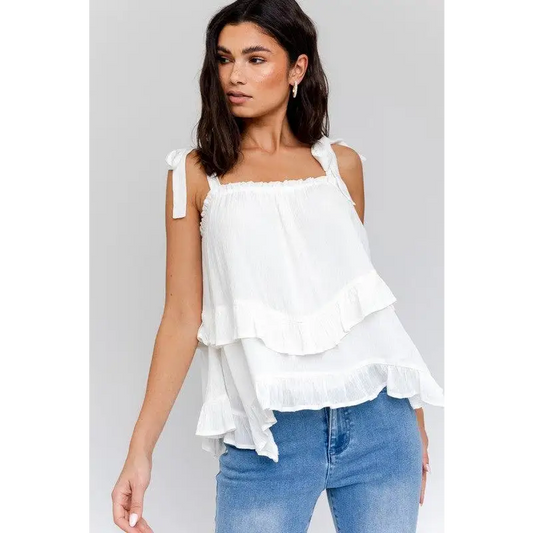 SLEEVELESS ASYMMETRICAL HEM LINE TIERED TOP White Top