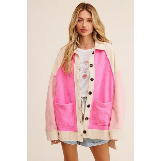 Soft Touch Terry like Shacket Knit Jacket Bright Pink Jacket