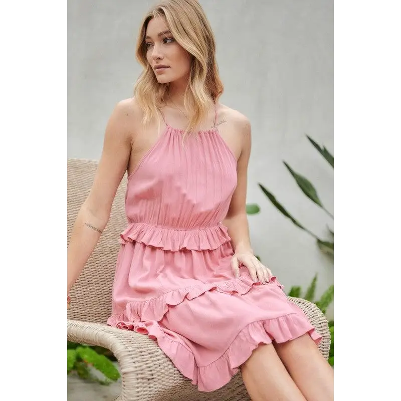 SOLID RUFFLE SLEEVELESS MINI DRESS Pink Dress