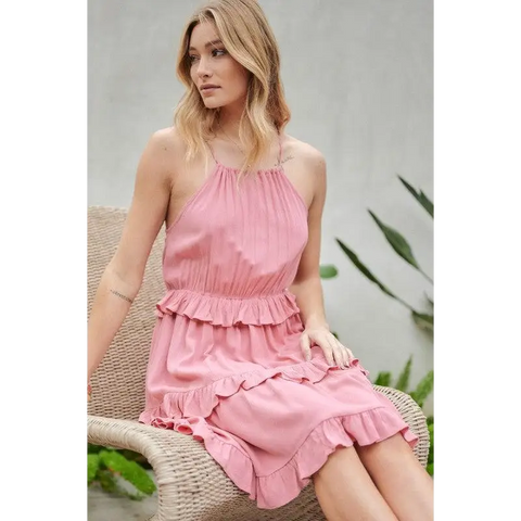 SOLID RUFFLE SLEEVELESS MINI DRESS Pink Dress