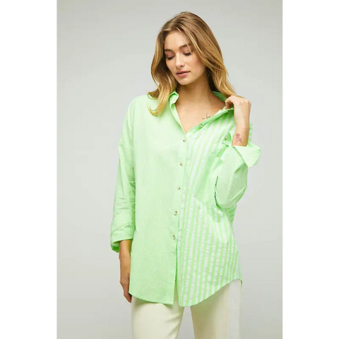 Striped Button Down Long Sleeve Shirt Neon Green Top